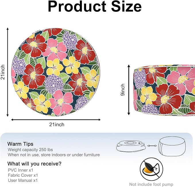 DYTXIII Inflatable Ottoman Stool D21 xH9 for Outdoor/Indoor Use, Water Repellent Patio Foot Rest with Portable Handle,Round Pouf Ottoman Suitable for Garden,Deck and Camping-Flower Bloom