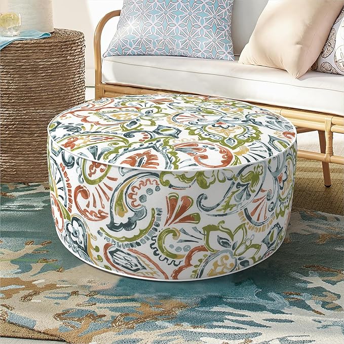 DYTXIII Inflatable Ottoman Stool D21 xH9 for Outdoor/Indoor Use, Water Repellent Patio Foot Rest with Portable Handle,Round Pouf Ottoman Suitable for Garden,Deck and Camping-Paisley Botanical