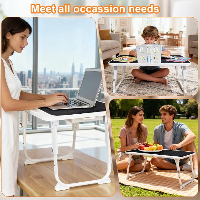 Laptop Desk for Bed, Adjustable Height Laptop Bed Table, Foldable Lap Desk with USB Charge Port, Desktop Card Slot, Side Drawer, Book Shelf, Portable Lap Tray for Eating Reading Working Sofa & Floor