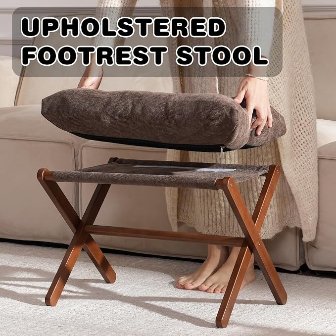 Baveke Ottoman Foot Rest- Bamboo Folding Stool, Foot Stools Small Ottman with Upholstered & X Legs, Foldable Stool for Makeup, Bedroom and Living Room (Large Brown)