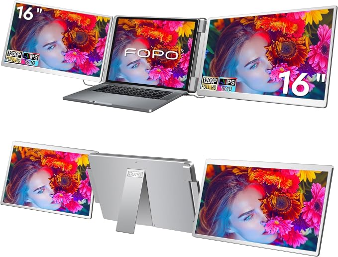 Laptop Screen Extender 16"- 1200P 16:10 FHD Triple Monitor for 12-18.5", Portable Monitor for Laptop with HDMI and USB-C Connectivity for MacBooks(NOT M1 M2 M3)/Wins, Chrome, Surface