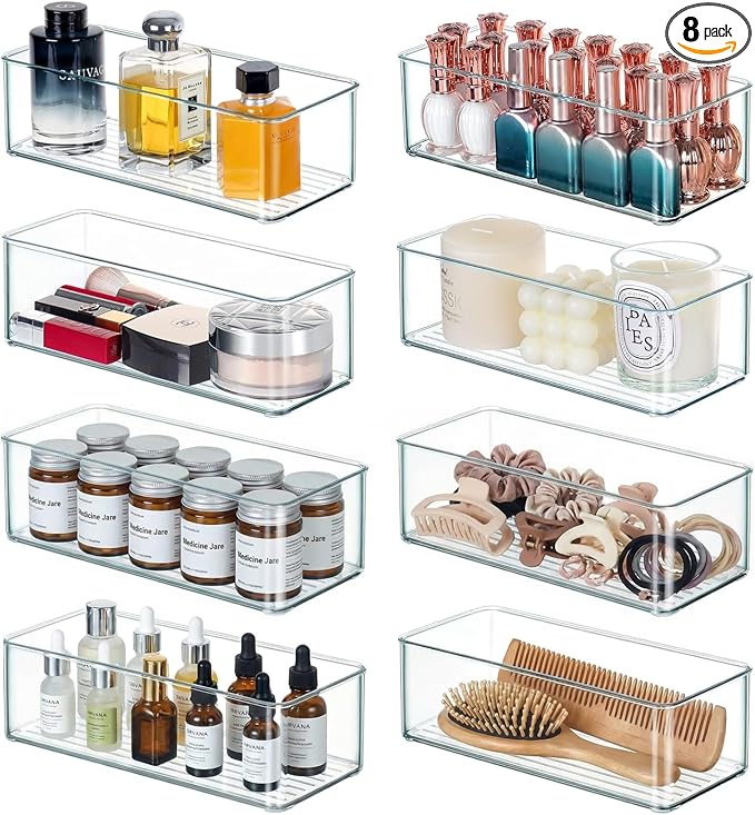 Qilinba 8 PACK Drawer Organizer Bins Bathroom Deep Drawer Silverware Organizers Clear Stackable Storage Bins for Vanity, Pantry, Office, Cabinet, Kitchen Counter Organization and Storage
