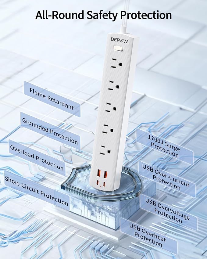 DEPOW Power Strip Surge Protector with 5 AC Outlets(1625W/13A) 4 USB Ports (2 USB C), Ultra Thin Extension Cord, Low Profile Flat Plug, 1700 Joules, Wall Mount for Home Office, White，10 Ft