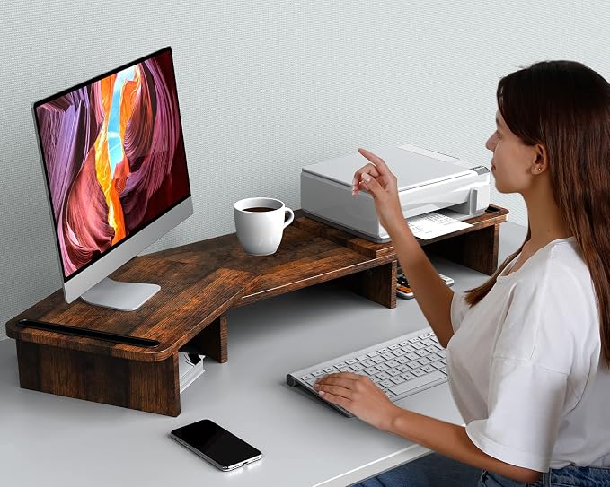 Zimilar Dual Monitor Stand Riser, Monitor Stand with Adjustable Length and Angle, Wood Monitor stand for desk, Monitor Riser for 2 monitors with Storage Space(Rust Brown Large)