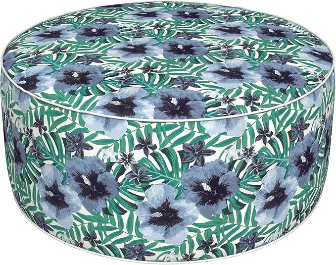 DYTXIII Inflatable Ottoman Stool D31 xH14 for Outdoor/Indoor Use, Water Repellent Patio Foot Rest with Portable Handle,Round Pouf Ottoman Suitable for Garden,Deck and Camping - Blue Salmone Tropical