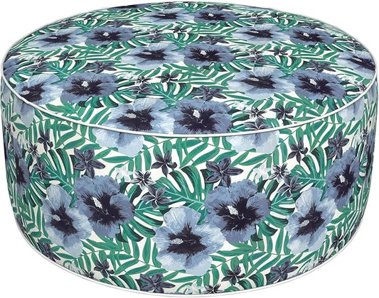DYTXIII Inflatable Ottoman Stool D31 xH14 for Outdoor/Indoor Use, Water Repellent Patio Foot Rest with Portable Handle,Round Pouf Ottoman Suitable for Garden,Deck and Camping - Blue Salmone Tropical