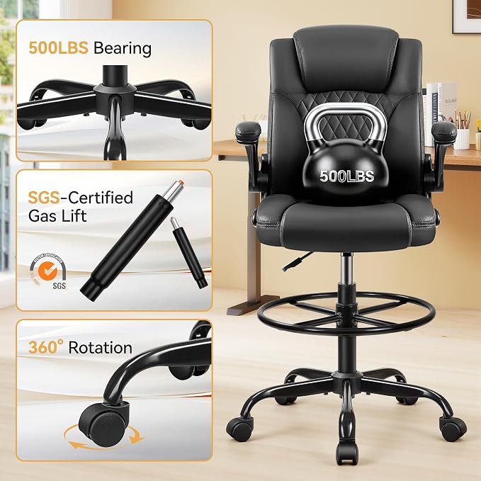 Drafting Chair, Tall Office Chair for Standing Desk, High Executive Leather Ergonomic Computer Chair with Adjustable Height and Flip-Up Armrest for Counter Height Desk, Black, Pack of 1