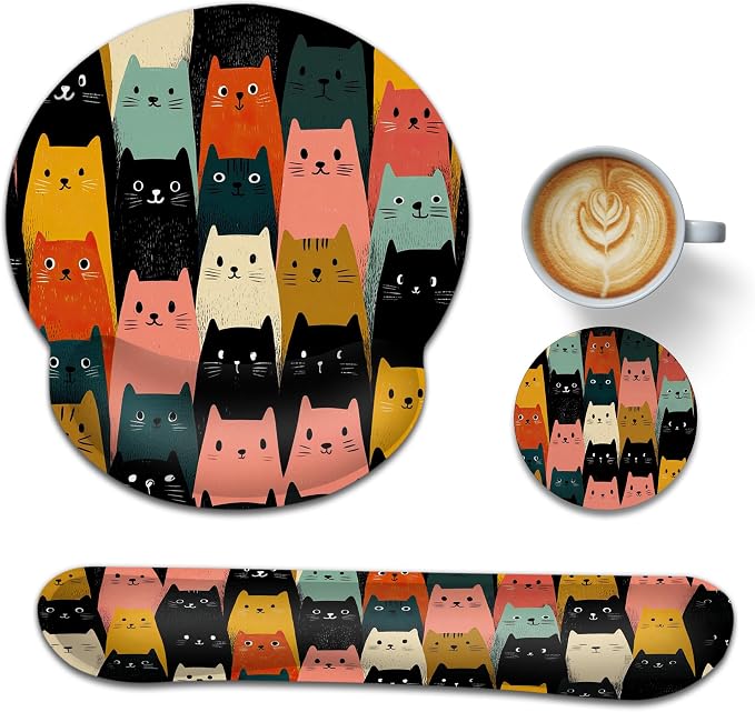 Cute Cat Wrist Rest Mouse Pad and Keyboard Support Set,3 in 1 Ergonomic Memory Foam Mousepad with Non Slip Base, Gaming Mouse Pad for Office and Home