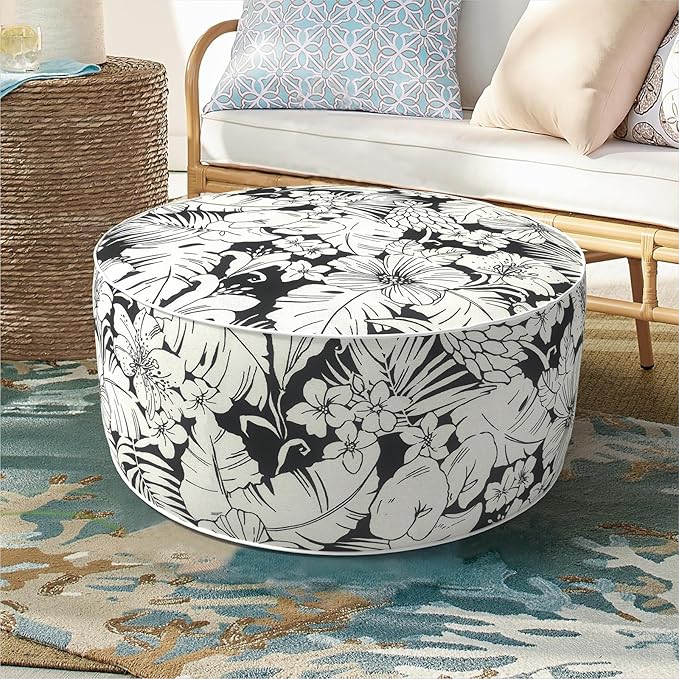 DYTXIII Inflatable Ottoman Stool D21 xH9 for Outdoor/Indoor Use, Water Repellent Patio Foot Rest with Portable Handle,Round Pouf Ottoman Suitable for Garden,Deck and Camping-Tropical Blossom Noir