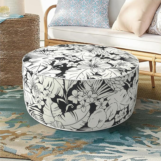 DYTXIII Inflatable Ottoman Stool D21 xH9 for Outdoor/Indoor Use, Water Repellent Patio Foot Rest with Portable Handle,Round Pouf Ottoman Suitable for Garden,Deck and Camping-Tropical Blossom Noir