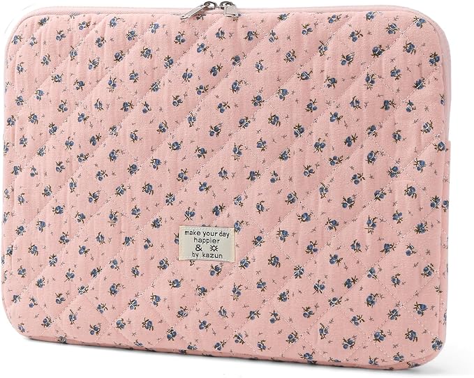 Puffy Laptop Sleeve 13-15.6 Inch Cute Quilted Laptop Protective Case Padded Floral Computer Sleeve for MacBook (A-Dark Pink, 13 Inch)