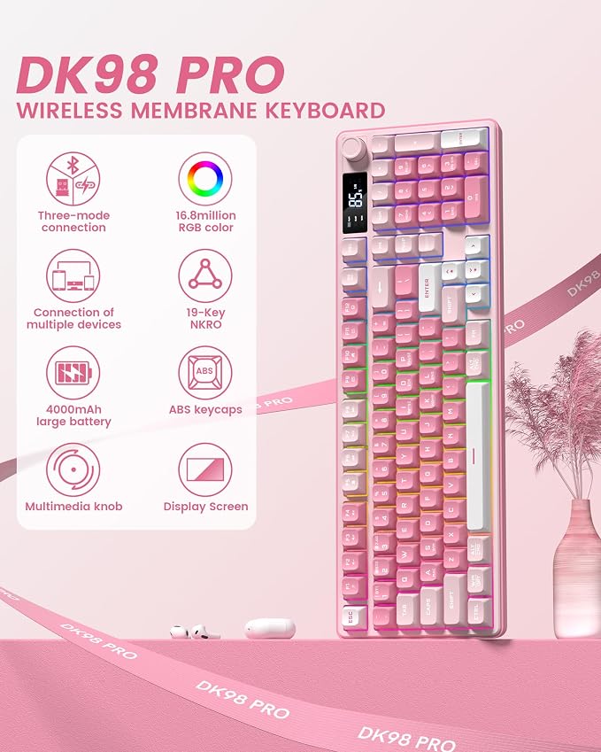 Keymatic Gaming Keyboard Wireless Creamy Keyboard with Media Knob & Screen Cute Keyboard Mechanical Feeling Membrane Keyboard with Number Pad RGB Backlit Tri-Mode BT/2.4GHz/USB-C - Pink