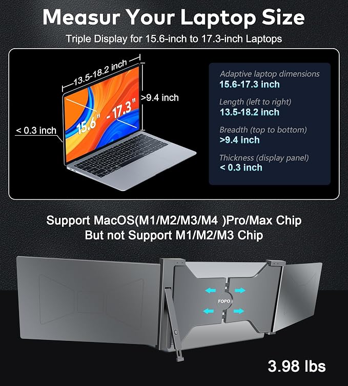 15.6" Triple Portable Laptop Monitor, FHD 1080P IPS Screen Extender Portable Display for 15.6-17.3” Laptops, PnP Travel Laptop Screen Extender with USB-C&HDMI, Dual Monitor for Windows, Mac