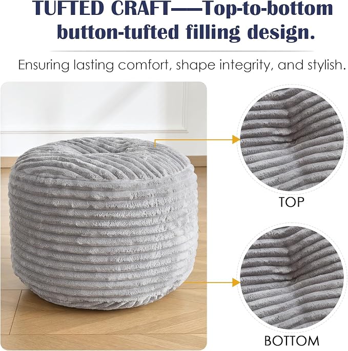 Round Ottoman,Corduroy Pouf Ottoman Foot Rest,Storage Footstool for Living Room,18x14 Soft Floor Poufs,Memory Foam Filling - Light Grey, 18x14 in