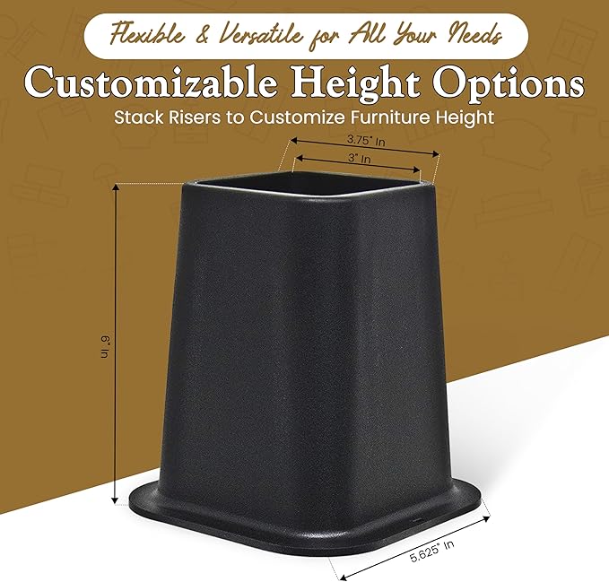 Kings Brand Furniture 6-inch Bed Risers - Set of 4 Black Heavy Duty Stackable Furniture Risers for Under Bed Storage, Desk, Sofa, Couch