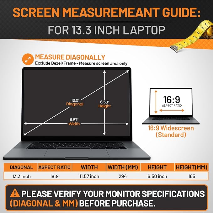 13.3 Inch Laptop Privacy Screen Filter 16:9 | Anti Glare Blue Light Blocking Screen Protector | Removable Privacy Shield for Laptop and Notebook Computer | Adhesive and Hang Tab Installation