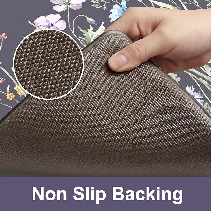 KIMODE Anti Fatigue Kitchen Mat, Farmhouse Floral Kitchen Rugs, Kitchen Floor Mats Non-Slip,Comfort Kitchen Mats for Floor Sink, Laundry, Office, Desk Dark Grey/Purple 17"x47"+17"x29"
