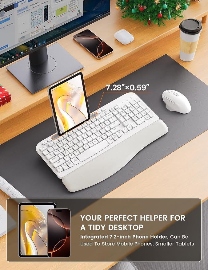 SABLUTE Wireless Keyboard and Mouse Combo, Ergonomic Wave Keys, Cushioned Palm Rest, Rechargeable, Phone Holder, Natural Typing, 2.4G Lag-Free, MA22 Plus Full Size Keyboards Set for Windows/Mac, White