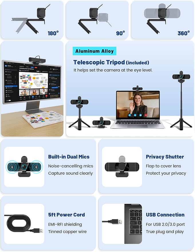 RUWBY UHD 4K Webcam with Built-in Dual Mics, Wide-Angle Lens, Privacy Cover, Tripod Stand, Autofocus Computer Camera, Plug and Play for Desktop PC or Laptop