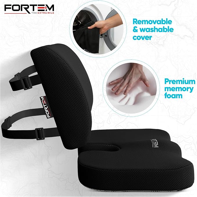 FORTEM Seat Cushion, Office Chair Cushion, Lumbar Support Pillow for Office Chair, Memory Foam Car Seat Cushions, Sciatica Coccyx Tailbone Pain Relief, Cushions for Back Support, Washable, Non Slip XL