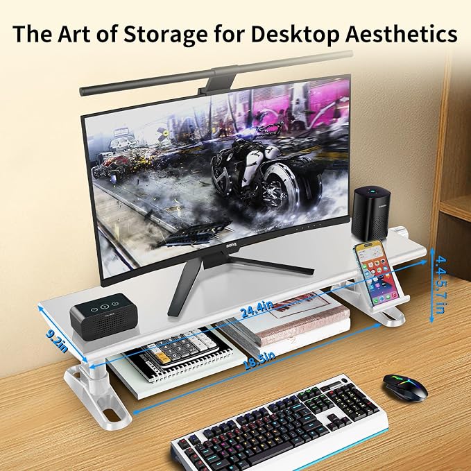 Computer Monitor Stand Riser for Desk,4.4-5.7 Inches Freely Height Adjustable with Cellphone Holder,Multi-Purpose Desktop Organizer Monitor Stands Riser for Computer,Laptop,Printer,TV (White)