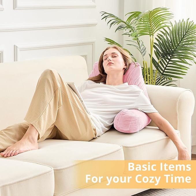 Sasttie Reading Pillow, Velvet Back Pillow for Bed Sitting Up, Adult Back-Rest Support Cushion with Arms for Sit Up on Couch, Sofa, and Floor, Dorm Essentials, Reading Accessories, Pink