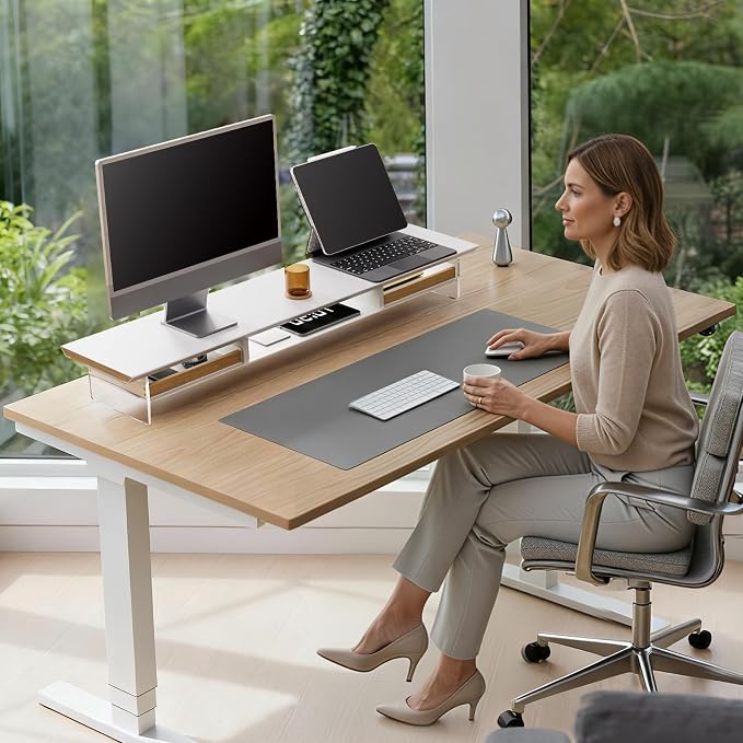 Fenge 42.5” Dual Monitor Stand Riser with 2 Felt-Lined Drawers, Aesthetic Metal and Wood Monitor Shelf with Acrylic Legs, 2-Tier Desk Organizer for 2 Monitors, Laptop, Printer, TV, White