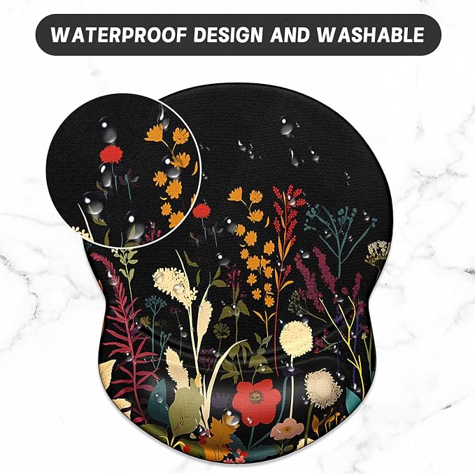 ITNRSIIET Ergonomic Mouse Pad with Gel Wrist Support Small Wrist Rest Smooth Surface Non-Slip PU Base Comfortable Office Supplies Pain Relief, 8.7 x 7.2 inches, Pretty Flowers Plants