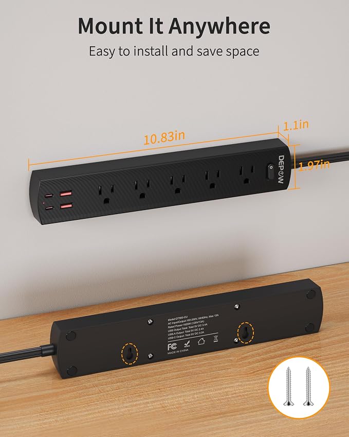 DEPOW Black Surge Protector Power Strip, Ultra Thin 5 Ft Flat Plug Extension Cord, 1700 Joules, 5 Widely Spaced Outlets with 4 USB Ports (2USB-C), 1625W/13A, Wall Mount for Home Office, Black