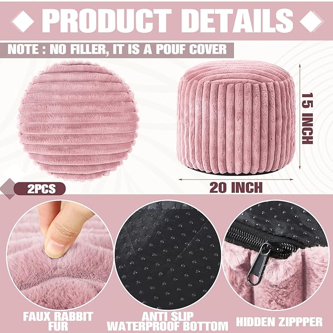 Teenyyou 2 Pcs 20 x 15 Inch Unstuffed Pouf Cover Ottoman Foot Rest - No Filler, Faux Rabbit Fur Foot Stool Floor Bean Bag Floor Chair Storage for Living Room Bedroom Home Decor(Pink)