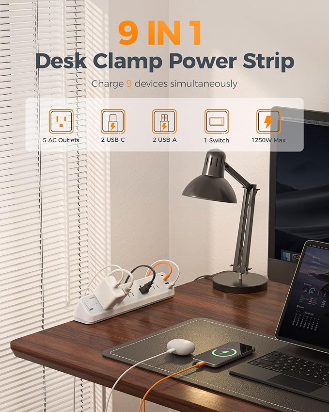 TESSAN Desk Clamp Power Strip 10 Ft, 2100J Surge Protector Desk Charging Station, 5 Outlets with 4 USB Ports (2 USB C), Flat Plug Extension Cord with Multiple Outlets for Home Office Dorm Room, Grey