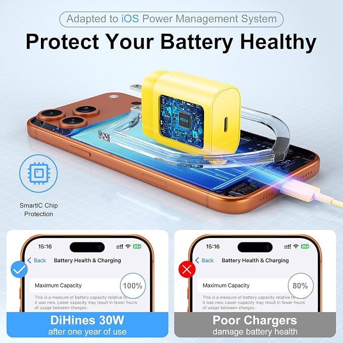 Phone 17 16 15 Charger Fast Charging,30W USB C Phone 17 16 15 Pro Max Charger Block &10FT Long Type C Cable Cord for i.Phone 17/Air/17 Pro/17 Pro Max/16/16 Plus/16 Pro/16 Pro Max/15/15 Pro Max,Yellow