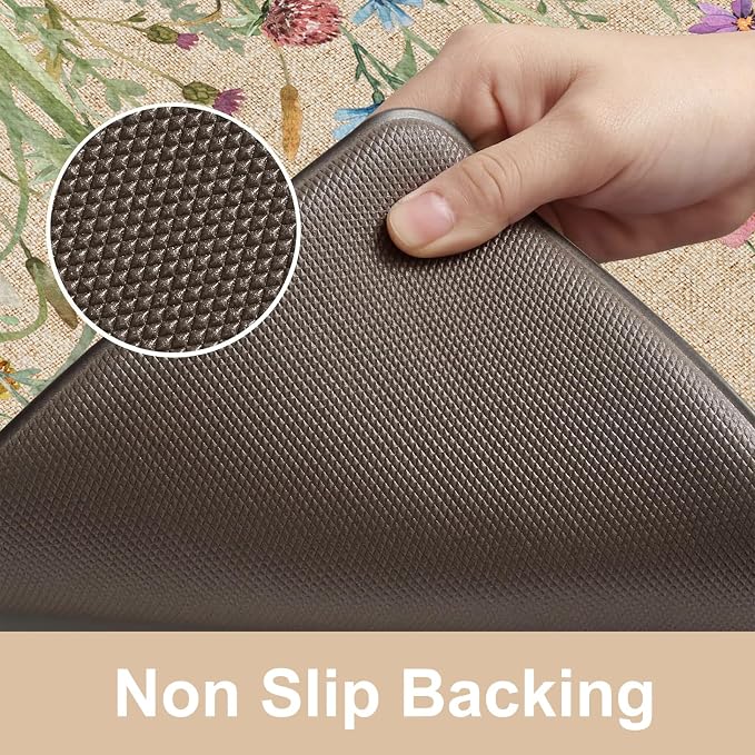 KIMODE Anti Fatigue Kitchen Mat, 17"x47"+17"x29" Floral Kitchen Rugs Sets of 2, Farmhouse Kitchen Floor Mats Non-Slip Cushioned, Comfort Standing Desk Mat for Sink, Laundry,Home Brown