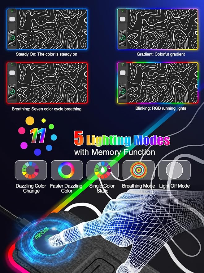 Mouse Pad with Foldable Phone Holder & Wireless Charger, XXL RGB Gaming Mousepad 31.5"x15.8" Large Desk Mat for Keyboard, Black Desk Pad with Dual Qi Charging Station | 11 Colors 5 Modes | Waterproof
