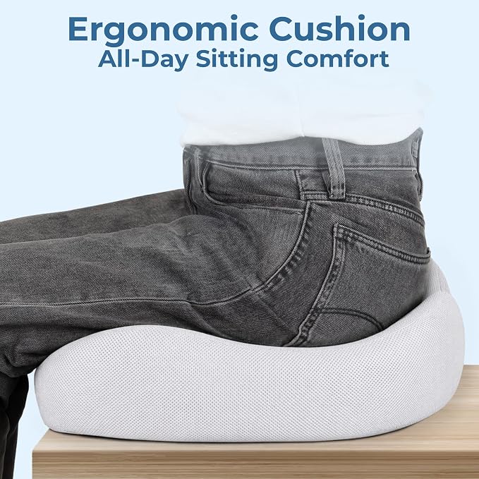 5 STARS UNITED Seat Cushion - Memory Foam Chair Cushion for Tailbone Pain Relief - Ergonomic Support for Coccyx, Sciatica & Butt - Office, Desk & Gaming Chair, Car Seat, Wheelchair, Light Gray Mesh
