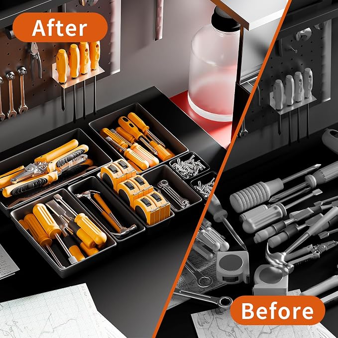 5 Sizes Tool Drawer Organizer - 69 PCS Tray, Desk Drawer & Rolling Tool Chest Organizer (Black)