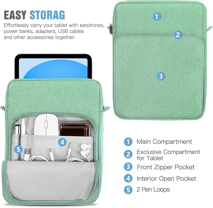TiMOVO 9-11 Inch Tablet Sleeve Bag with Shoulder Strap for iPad 11-inch A16 2025, iPad 10th Gen. 10.9"/10.2", Galaxy Tab A9+/A11Plus 11", Bodhi Green