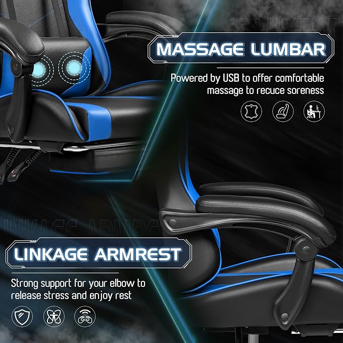 Homall Gaming Chair, Video Game Chair with Footrest and Massage Lumbar Support, Ergonomic Computer Chair Height Adjustable with Swivel Seat and Headrest (Blue)