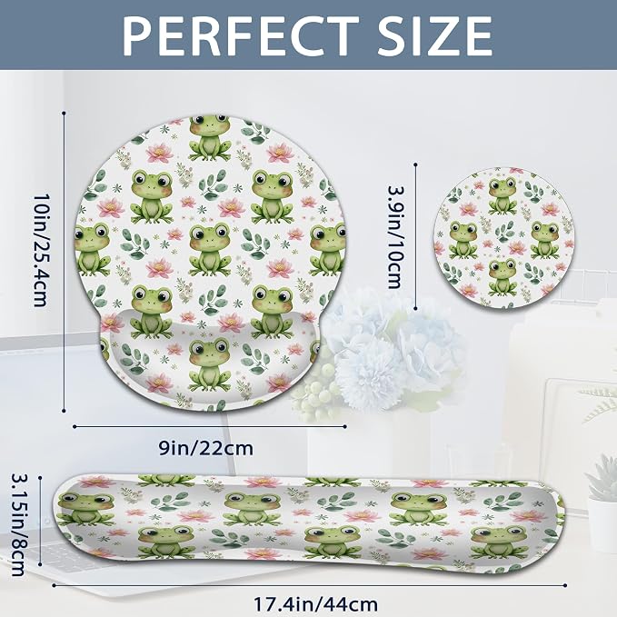 Cute Frog Wrist Rest Mouse Pad and Keyboard Support Set,Lotus Flower 3 in 1 Ergonomic Memory Foam Mousepad with Non Slip Base, Gaming Mouse Pad for Office and Home
