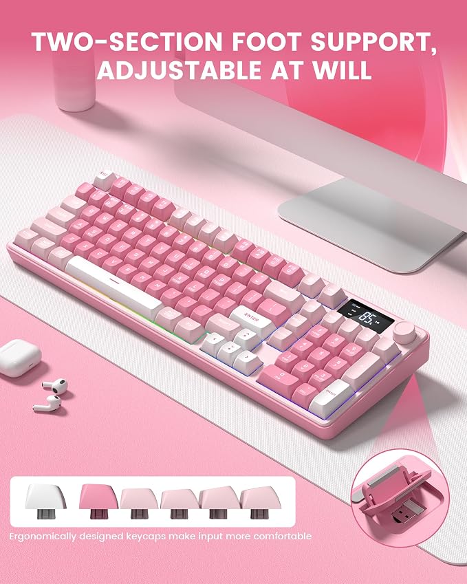 Keymatic Gaming Keyboard Wireless Creamy Keyboard with Media Knob & Screen Cute Keyboard Mechanical Feeling Membrane Keyboard with Number Pad RGB Backlit Tri-Mode BT/2.4GHz/USB-C - Pink