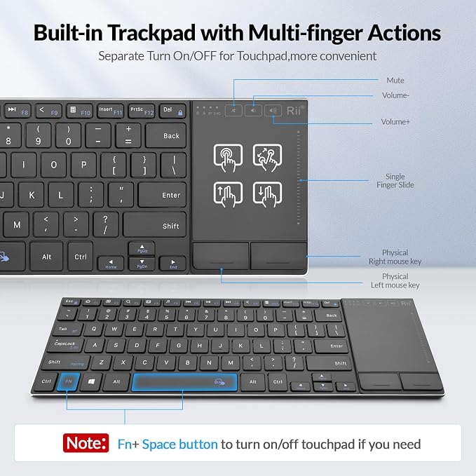 Rii 2.4G Wireless Keyboard,Bluetooth Keyboard(BT 5.1+2.4G),Aluminium Alloy Portable with Touchpad for Computer,PC,Tablet,iPad,Android TV Box,Smart TV,Windows,Mac (Black)