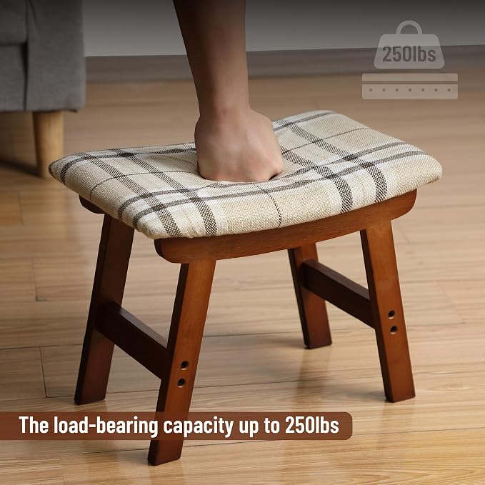 BAMBOO LAND- Bamboo Foot Stools Ottoman, Beige Cushion & Brown Wood Legs, Small Ottoman Foot Rest for Couch