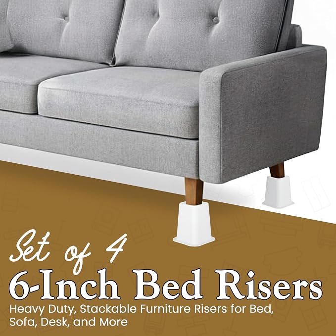 Kings Brand Furniture 6-inch Bed Risers - Set of 4 White Heavy Duty Stackable Furniture Risers for Under Bed Storage, Desk, Sofa, Couch