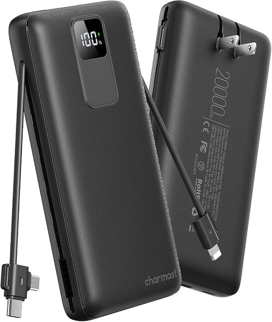 charmast Portable Charger with Built-in Wall Plug and Cables, 20000mAh Power Bank Travel Essentials, 20W Fast Charging Battery Pack Compatible with iPhone 17/16/15/14/13/12/11, Samsung, Android