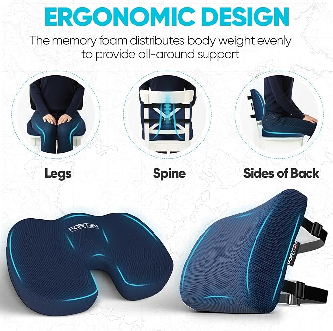 FORTEM Seat Cushion, Office Chair Cushion, Lumbar Support Pillow for Office Chair, Memory Foam Car Seat Cushions, Sciatica Coccyx Tailbone Pain Relief, Cushions for Back Support, Washable, Non Slip