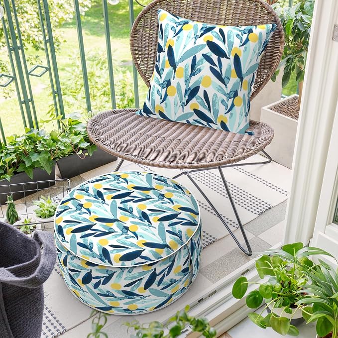 DYTXIII Inflatable Ottoman Stool D21 xH9 for Outdoor/Indoor Use, Water Repellent Patio Foot Rest Stool with Portable Handle,Round Pouf Ottoman Suitable for Garden,Deck and Camping - Leaves Multi