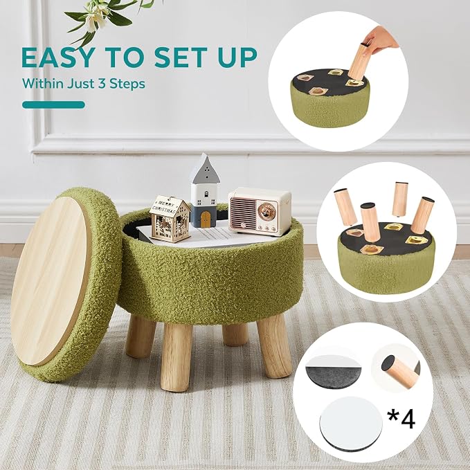 Small Foot Stool Ottoman with Storage, Sherpa Ottoman Foot Rest for Couch, Round Footstool with Storage, Small Ottomans and Footstools for Living Room and Entryway (Bright Green)