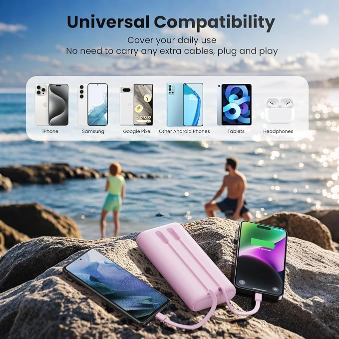 Portable Charger 40,800mAh Power Bank 25W Portable Battery Pack with 2 Built in Cables [2026 Upgraded], PD QC4.0 Fast Charging Portable Phone Charger Compatible with iPhone 17/16,Android Samsung-Pink