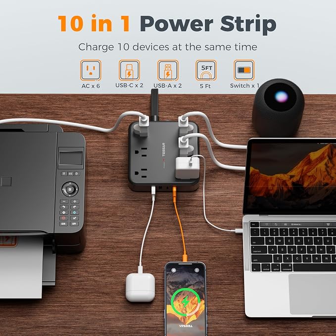 TESSAN 10Ft Black Extension Cord with Multiple Outlets, Surge Protector Power Strip with 6 Outlets and 4 USB Ports (2 USB C), 2100 Joules Protection, Flat Plug, Outlet Extender for Home, Office, Dorm