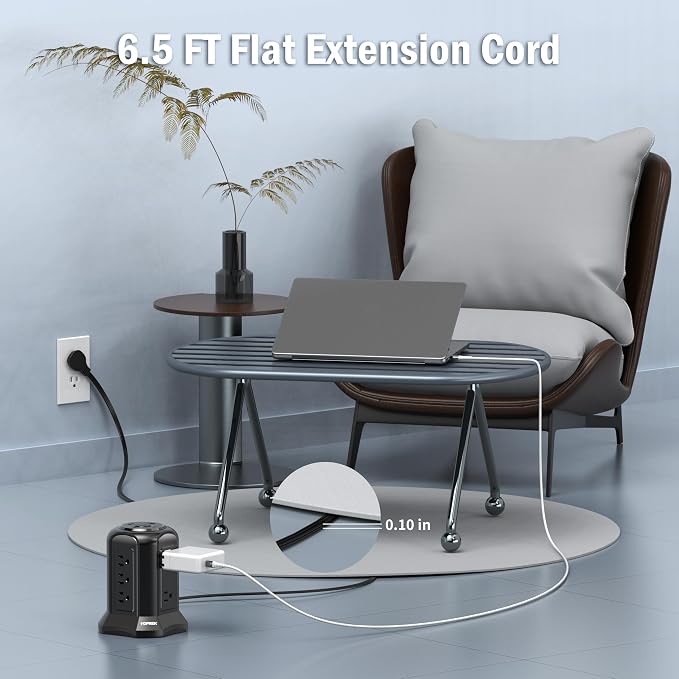 TOPREK Power Strip Surge Protector Tower (2100J) – 10 Outlets, 2 USB-C (20W PD3.0 Fast Charging), 2 USB-A, Flat Plug 6.5FT Extension Cord for Home Office, Dorm, and Multiple Devices Charging Station